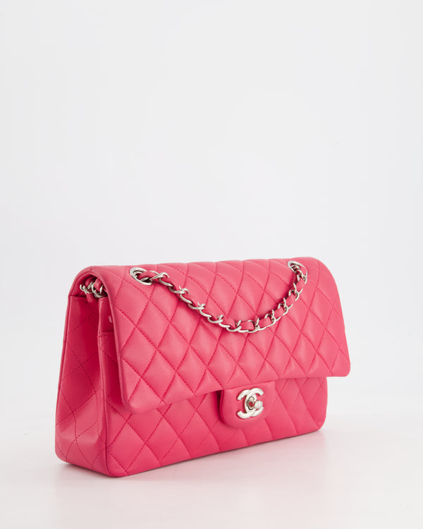 Chanel Hot Pink Medium Classic Double Flap Bag in Lambskin Leather with Silver Hardware