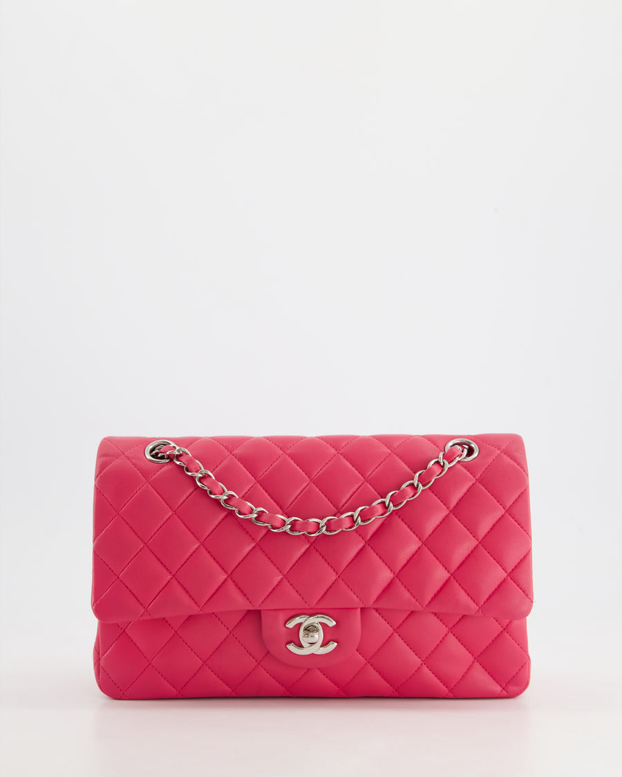 Chanel Hot Pink Medium Classic Double Flap Bag in Lambskin Leather with Silver Hardware