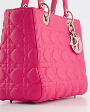 Christian Dior Hot Pink Medium Lady Dior Bag in Cannage Lambskin with Silver Hardware