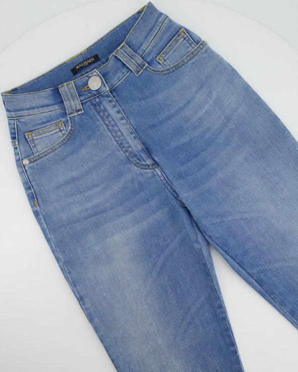 Balmain Light Blue Skinny Jeans with Silver Button and Zip Detail FR 34 (UK 6)