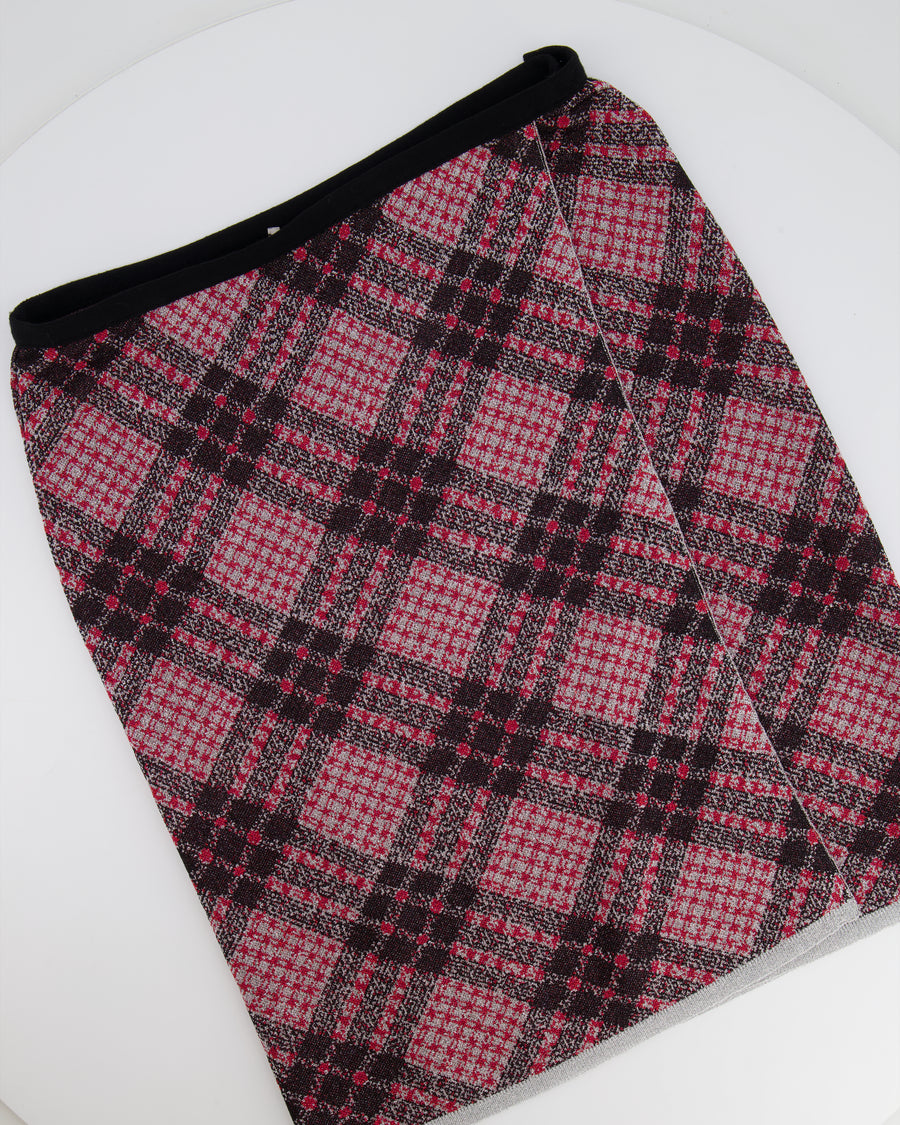 Miu Miu Red, Silver and Black Metallic Thread Tartan Mini Skirt Size IT 40/42 (UK 8/10)