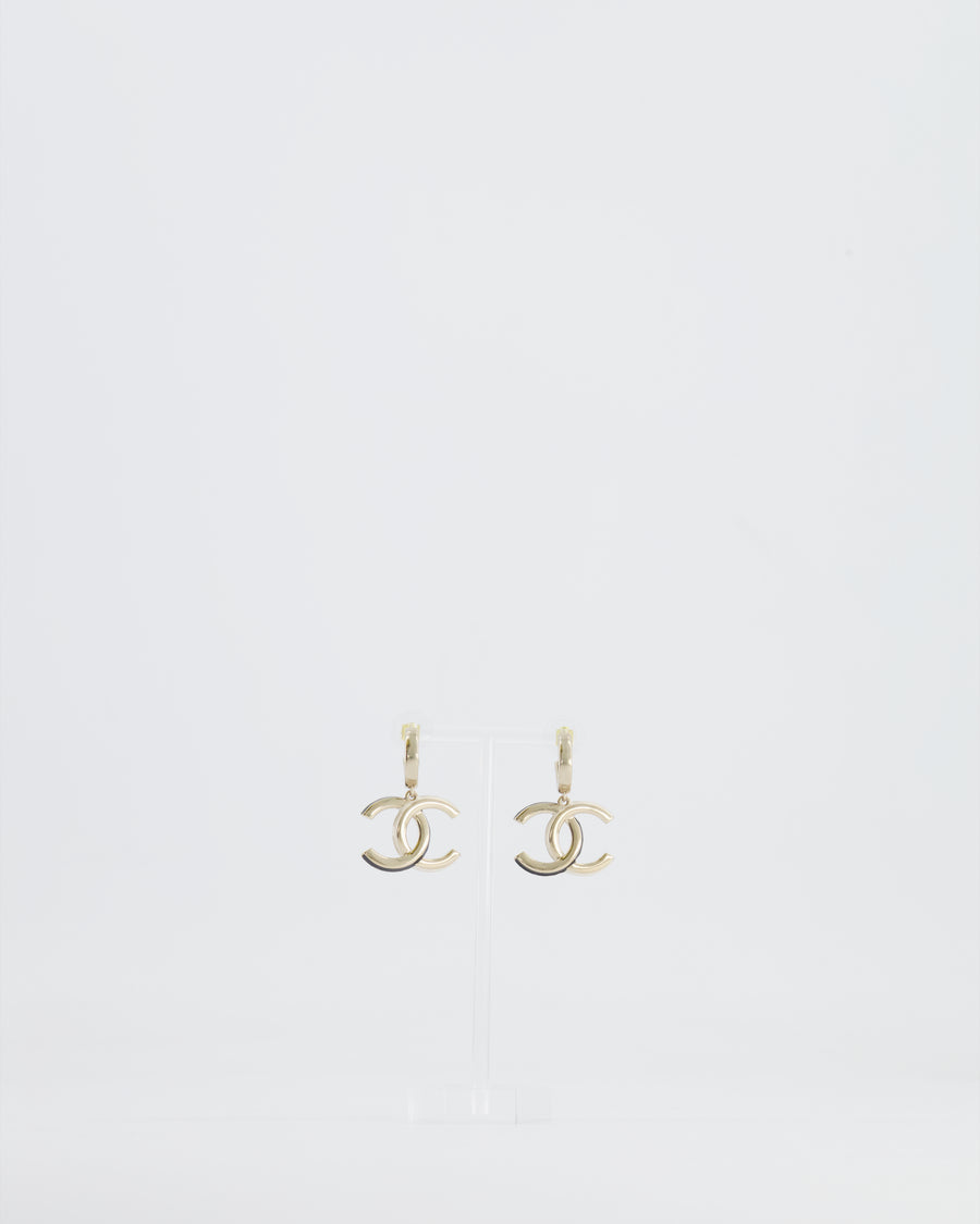 Chanel Champagne Gold CC Logo Pendant Earrings, Black and White Enamel