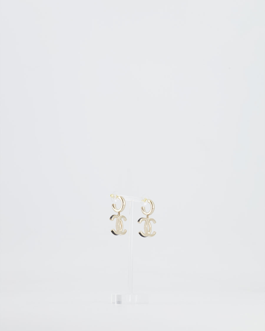 Chanel Champagne Gold CC Logo Pendant Earrings, Black and White Enamel