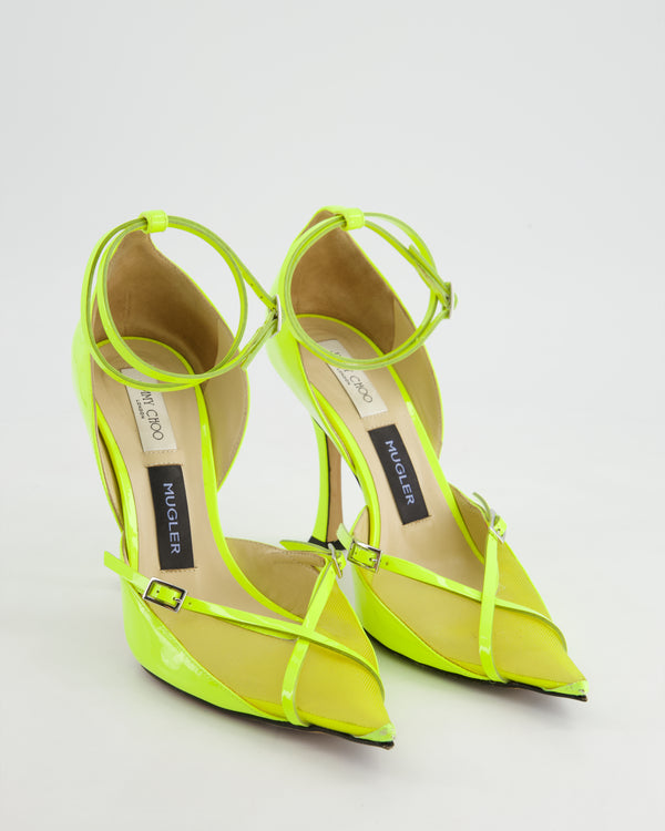 Jimmy Choo X Mugler Florissant Yellow Pointed Mesh Strap Heels Size EU 38