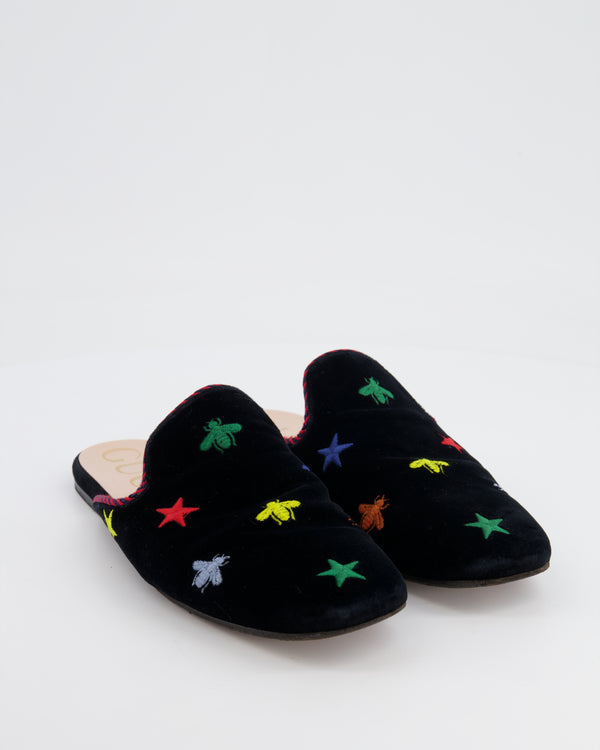 Gucci Black Suede Mules with Multicolour Embroideries Size EU 38.5