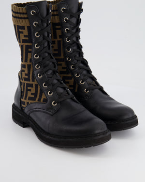 Fendi Black Leather Rockoko Biker Boots with FF Logo Stretch Fabric Size EU 38 RRP £830