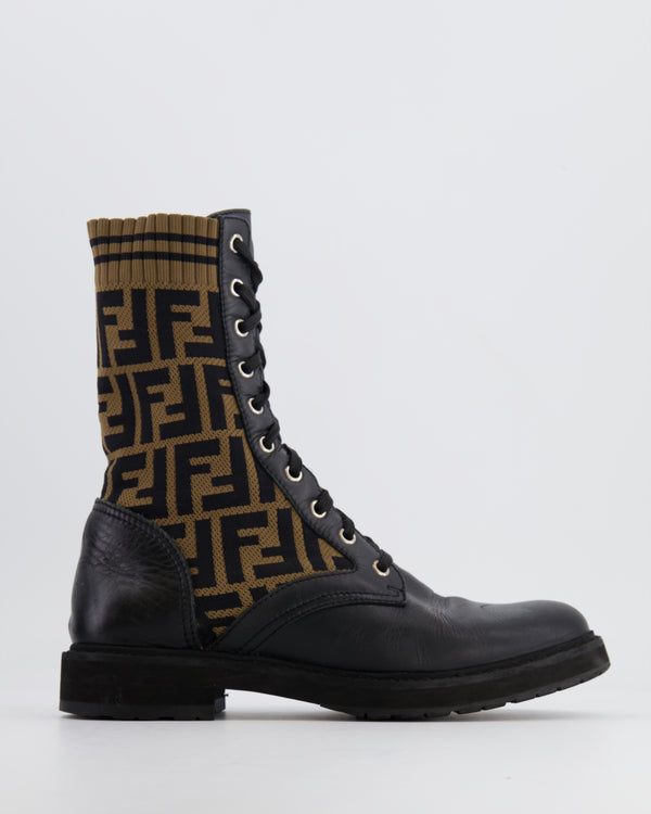 Fendi Black Leather Rockoko Biker Boots with FF Logo Stretch Fabric Size EU 38 RRP £830