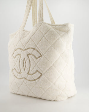 *HOT* Chanel Ivory Terry Beach Set with CC Tote Bag, Towel and Small Pouch