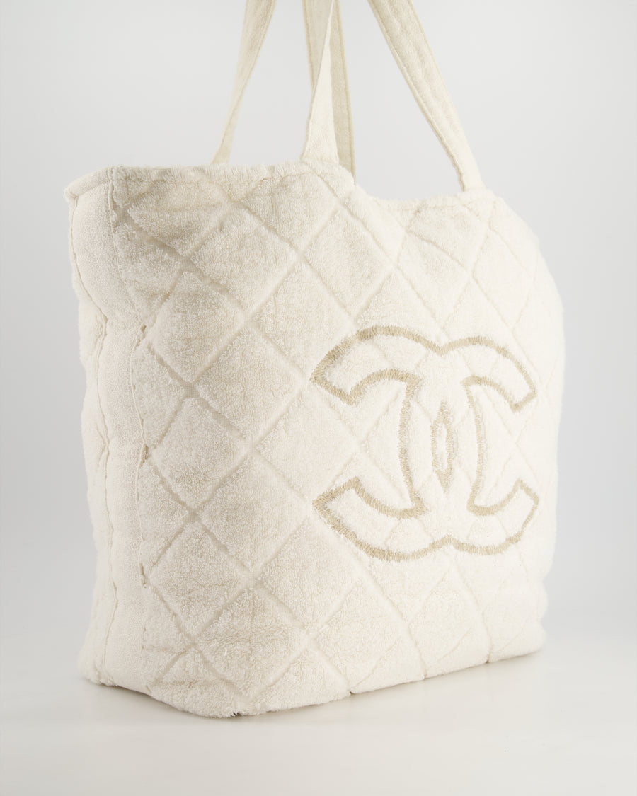 *HOT* Chanel Ivory Terry Beach Set with CC Tote Bag, Towel and Small Pouch