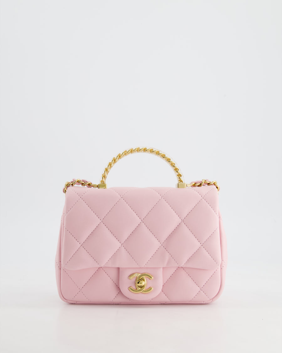 *CURRENT COLLECTION* Chanel Petal Pink Mini Top Handle Bag in Calfskin Leather with Gold Hardware and Clear Perspex Handle Detail