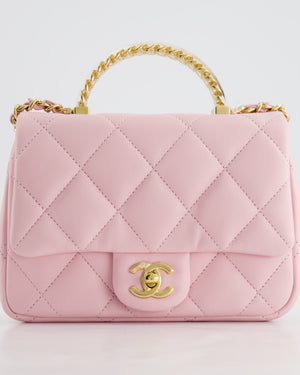 *CURRENT COLLECTION* Chanel Petal Pink Mini Top Handle Bag in Calfskin Leather with Gold Hardware and Clear Perspex Handle Detail