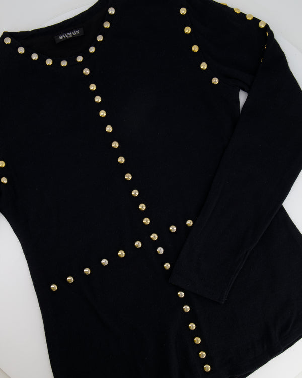 Balmain Black Long-Sleeve Jumper with Gold Studs Details Size FR 40 (UK 12)