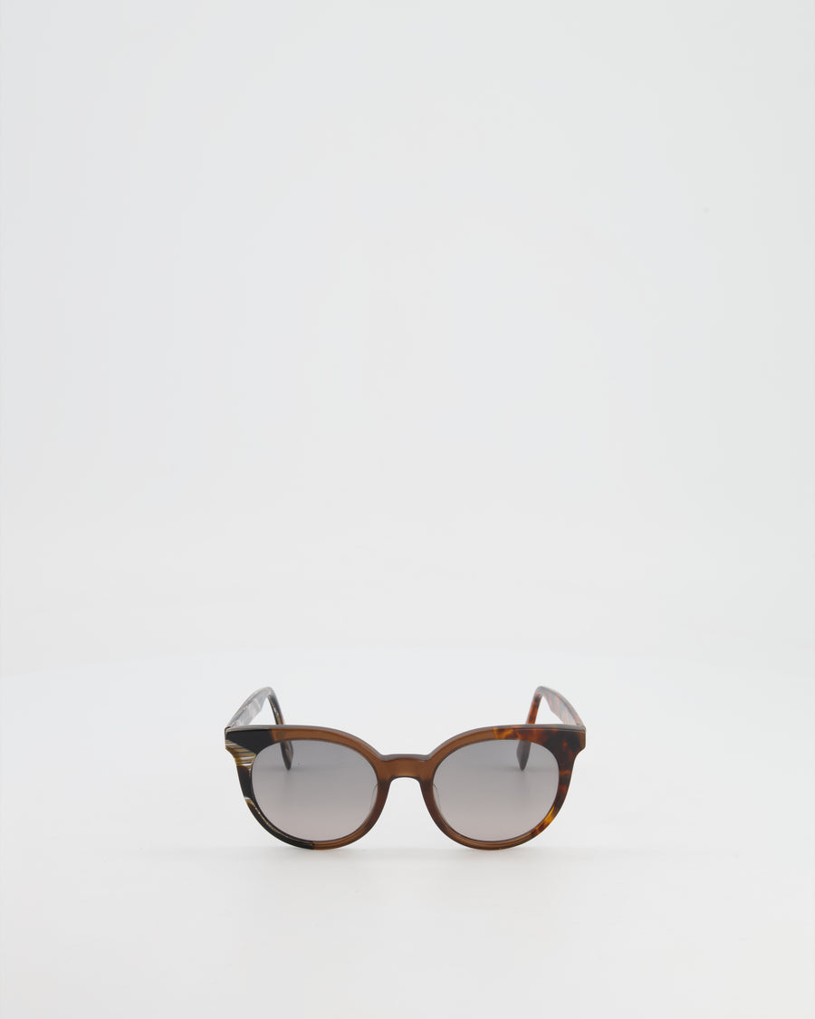 Fendi Brown Tortoiseshell and Wood-effect Round Sunglasses