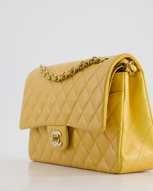 *HOT* Chanel Iridescent Mustard Yellow Medium Double Flap Bag in Lambskin Leather with Champagne Gold Hardware