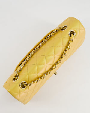 *HOT* Chanel Iridescent Mustard Yellow Medium Double Flap Bag in Lambskin Leather with Champagne Gold Hardware