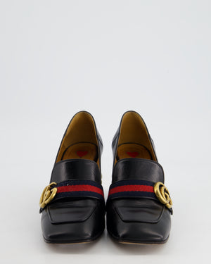 Gucci Black Marmont Heeled Leather Loafers with Peyton Pearls 
Gold Embellishments Details Size EU 37