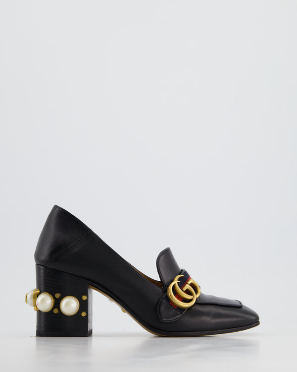 Gucci Black Marmont Heeled Leather Loafers with Peyton Pearls 
Gold Embellishments Details Size EU 37