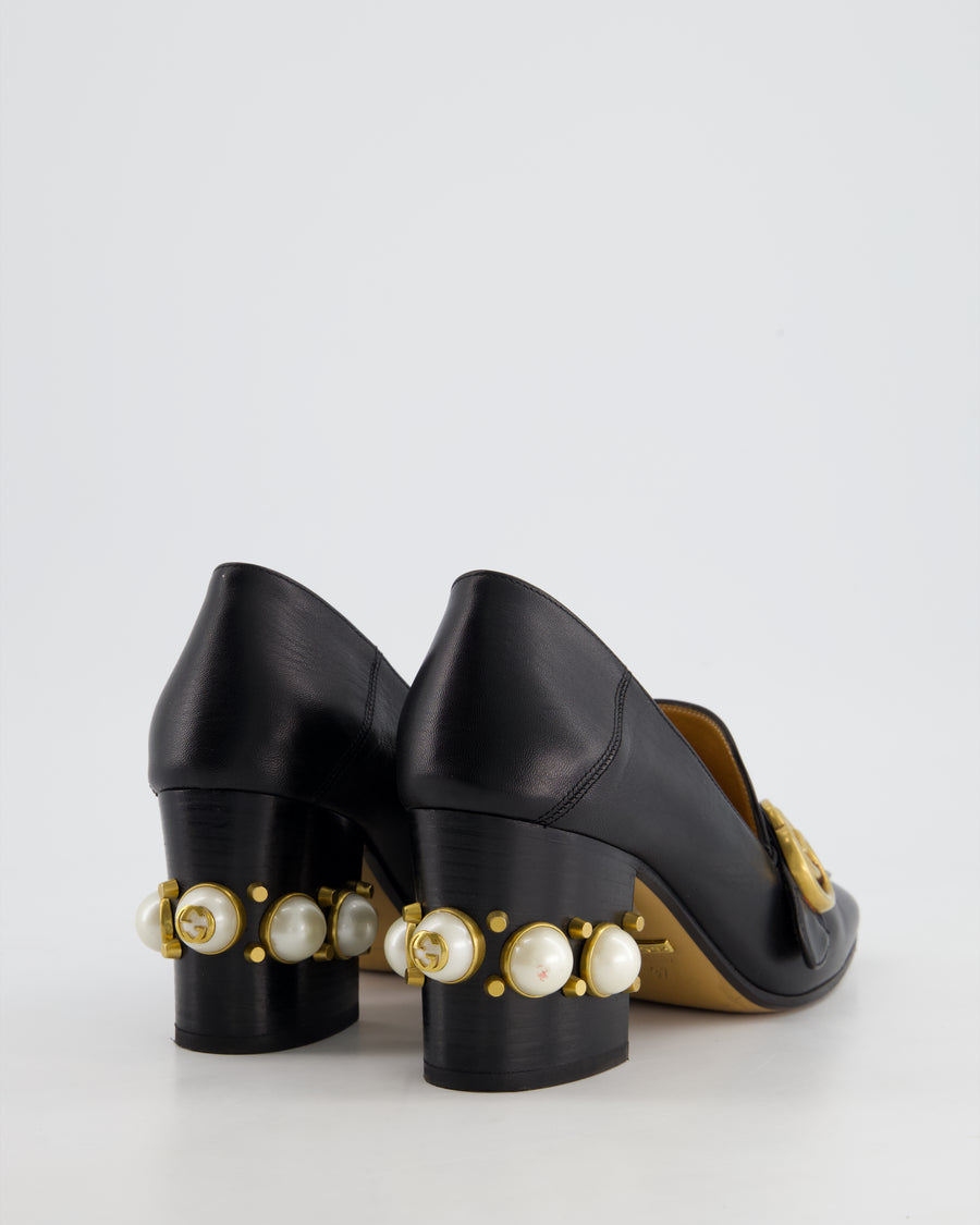 Gucci Black Marmont Heeled Leather Loafers with Peyton Pearls 
Gold Embellishments Details Size EU 37