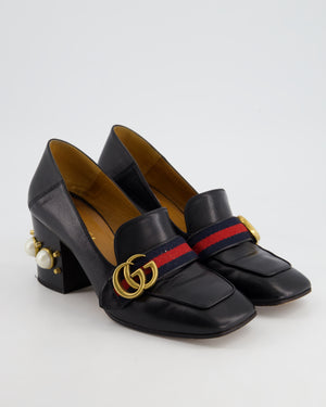 Gucci Black Marmont Heeled Leather Loafers with Peyton Pearls 
Gold Embellishments Details Size EU 37