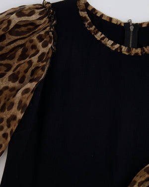 Dolce 
Gabbana Black Dress with Leopard Silk Sleeves and Collar Size IT 42 (UK 10) RRP £1,450