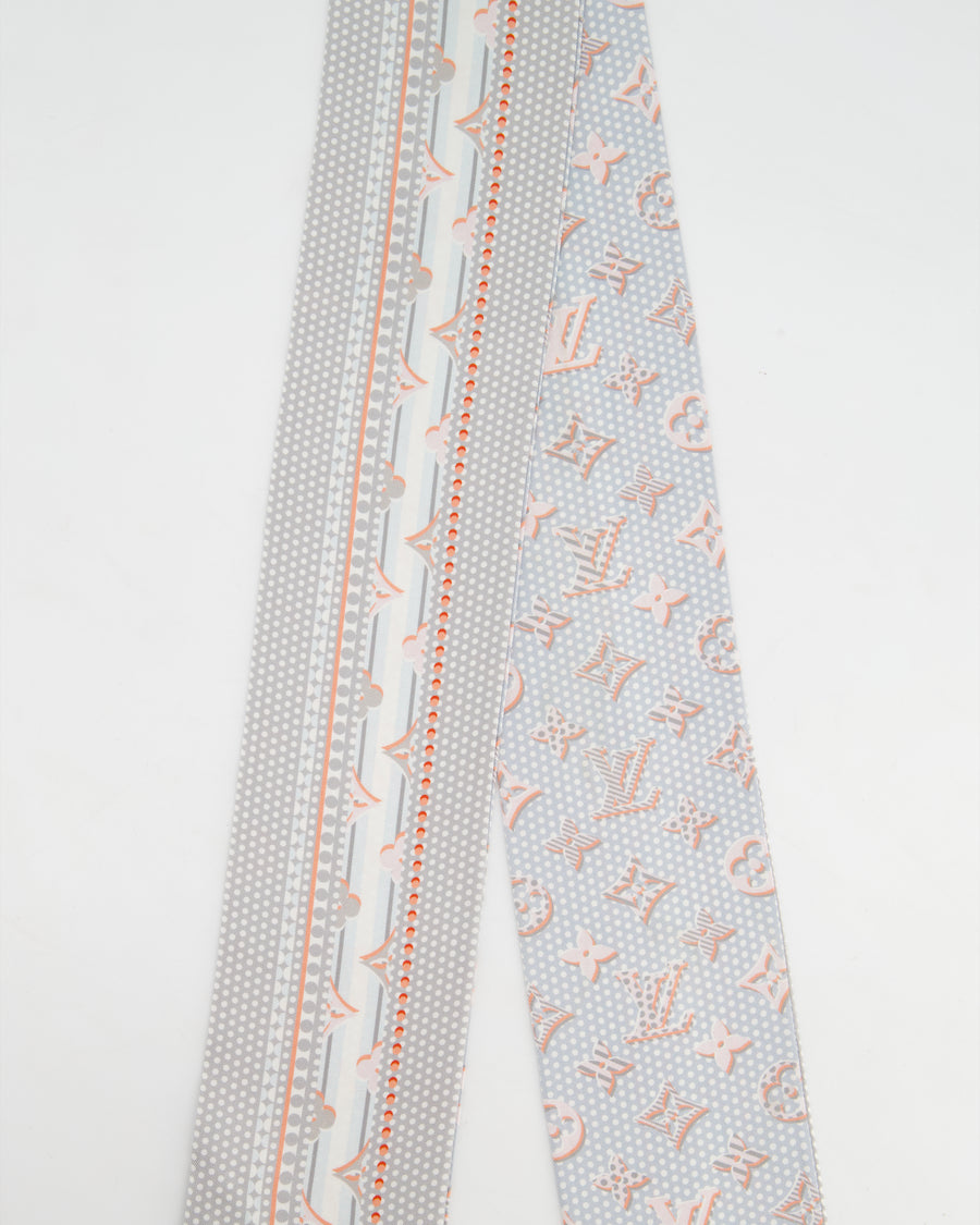 Louis Vuitton Grey 
Coral Pink Silk Twilly with Monogram Detail