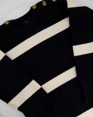 Louis Vuitton Black, White Stripe Knitted Jumper with Gold Anchor Button Detail Size XS (UK 6)