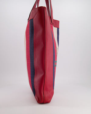 Gucci Red, Navy and White Sylvie Baiadera Striped Leather and Canvas Tote Bag with Logo Detail