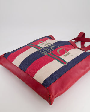 Gucci Red, Navy and White Sylvie Baiadera Striped Leather and Canvas Tote Bag with Logo Detail