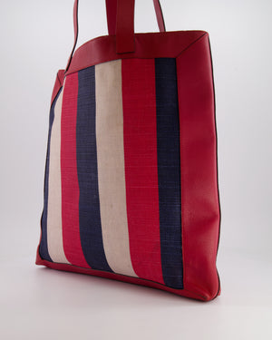 Gucci Red, Navy and White Sylvie Baiadera Striped Leather and Canvas Tote Bag with Logo Detail