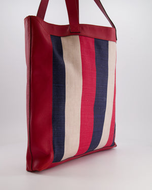 Gucci Red, Navy and White Sylvie Baiadera Striped Leather and Canvas Tote Bag with Logo Detail