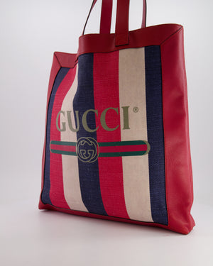 Gucci Red, Navy and White Sylvie Baiadera Striped Leather and Canvas Tote Bag with Logo Detail