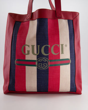 Gucci Red, Navy and White Sylvie Baiadera Striped Leather and Canvas Tote Bag with Logo Detail