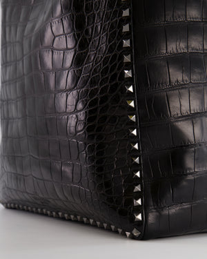 Valentino Black and Brown Reversible Crocodile Studded Tote Bag with Tone-on-Tone-Finish Hardware