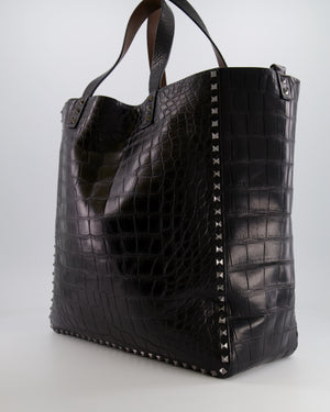 Valentino Black and Brown Reversible Crocodile Studded Tote Bag with Tone-on-Tone-Finish Hardware