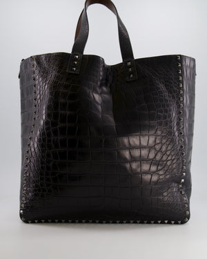 Valentino Black and Brown Reversible Crocodile Studded Tote Bag with Tone-on-Tone-Finish Hardware