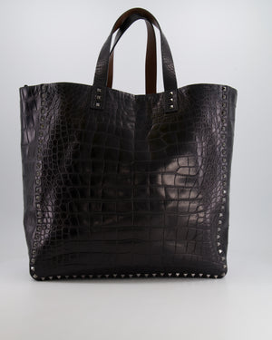 Valentino Black and Brown Reversible Crocodile Studded Tote Bag with Tone-on-Tone-Finish Hardware