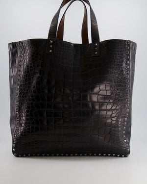 Valentino Black and Brown Reversible Crocodile Studded Tote Bag with Tone-on-Tone-Finish Hardware