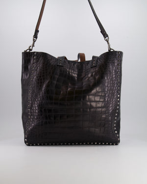 Valentino Black and Brown Reversible Crocodile Studded Tote Bag with Tone-on-Tone-Finish Hardware