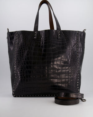 Valentino Black and Brown Reversible Crocodile Studded Tote Bag with Tone-on-Tone-Finish Hardware