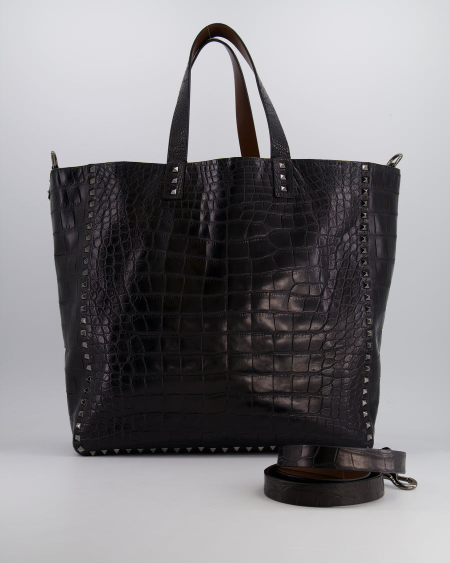 Valentino Black and Brown Reversible Crocodile Studded Tote Bag with Tone-on-Tone-Finish Hardware