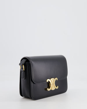 Celine Black Teen Triomphe Bag in Shiny Calfskin Leather with Gold Hardware