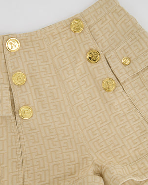 Balmain Printed Beige High Waisted Denim Shorts With Gold Logo Buttons Size FR 34 (UK 6)