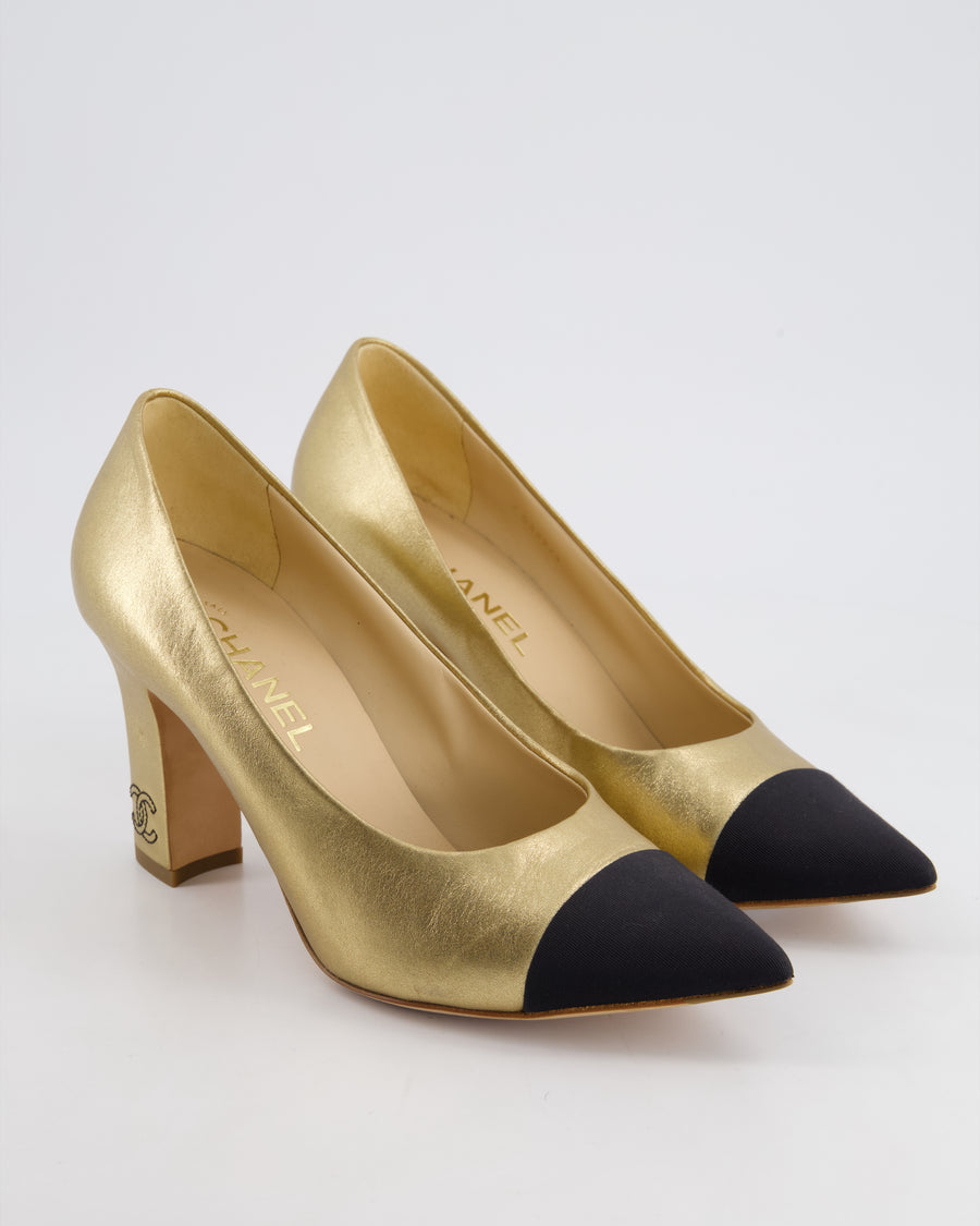 *HOT* Chanel Metallic Gold 
Black Lambskin Leather Pumps with Black CC Detail Size EU 39.5C