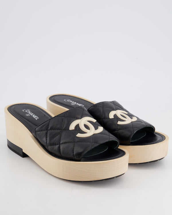 *HOT* Chanel Black Wooden Mules in Lambskin Leather with Cream CC Logo Detail Size EU 40