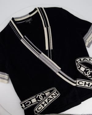 Chanel 2020 Black V-Neck Short Sleeve Wrap Cardigan with Logo Detail Size FR 38 (UK 10)