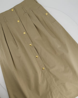 Celine Camel Cotton A Line Midi Skirt with Gold Buttoned Central Fastening Size FR 36 (UK 8)