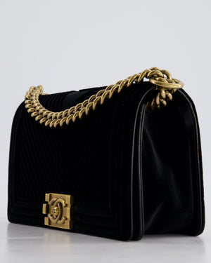 *HOT* Chanel Black Velvet Chevron Medium Boy Bag with CC Logo and Antique Gold Hardware