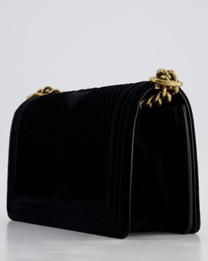 *HOT* Chanel Black Velvet Chevron Medium Boy Bag with CC Logo and Antique Gold Hardware