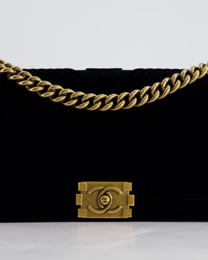 *HOT* Chanel Black Velvet Chevron Medium Boy Bag with CC Logo and Antique Gold Hardware