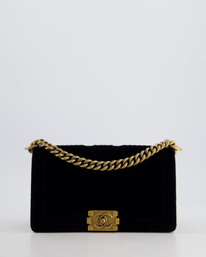 *HOT* Chanel Black Velvet Chevron Medium Boy Bag with CC Logo and Antique Gold Hardware